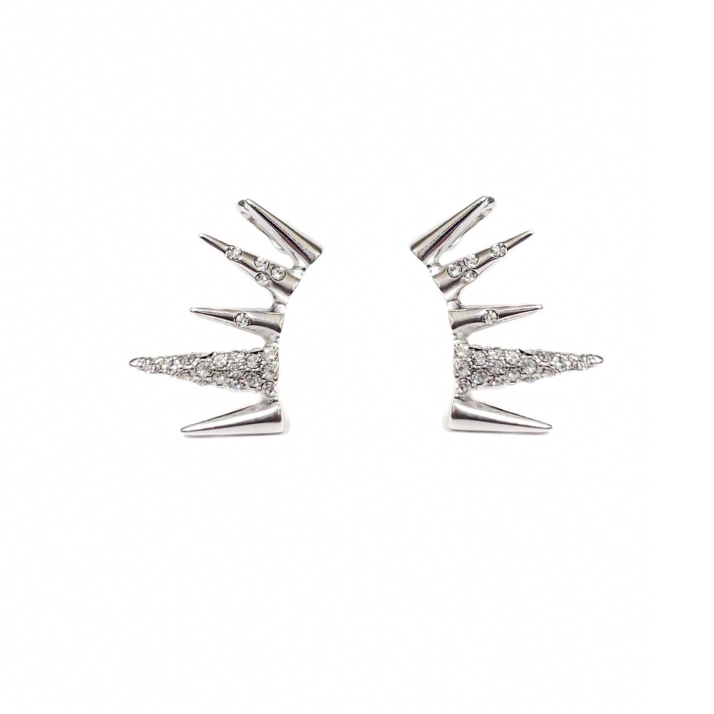 NEW - Dazzling Silver Spike Pave Rhinestone Statement Post Ear Cuffs Climbers - Picture 3 of 5